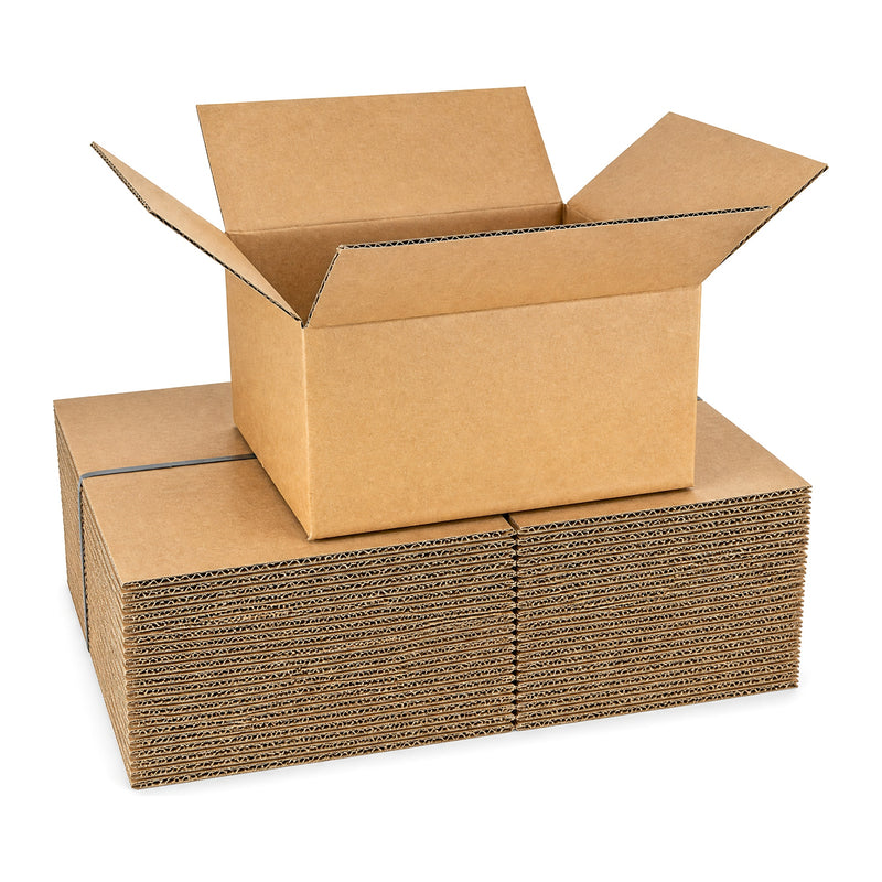 13 × 11 × 7 in corrugated shipping box, open, with a strapped bundle of 25