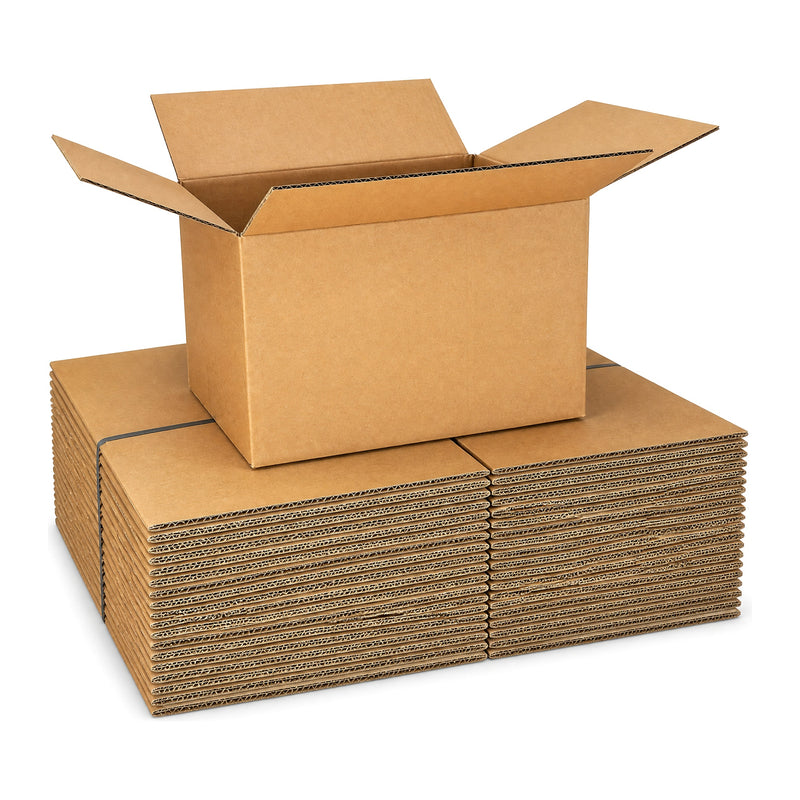 13 × 11 × 9 in corrugated shipping box, open, with a strapped bundle of 25