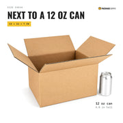 13 × 11 × 7 in shipping box next to a 12 oz can for scale