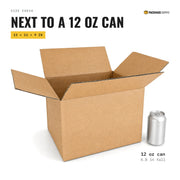 13 × 11 × 9 in shipping box next to a 12 oz can for scale