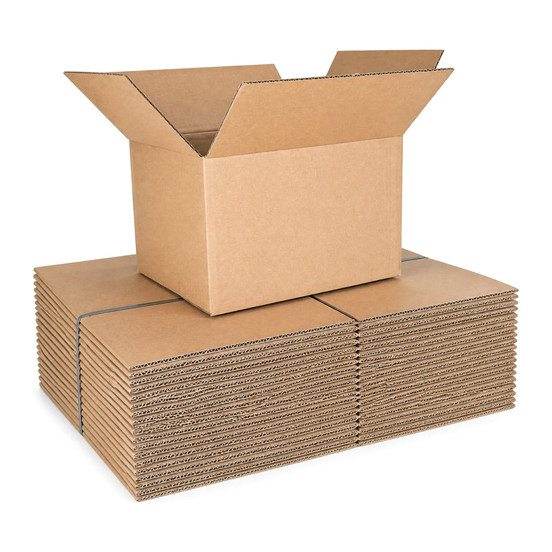 14 × 12 × 9 in corrugated shipping box, open, with a strapped bundle of 25