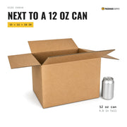 15 × 12 × 10 in shipping box next to a 12 oz can for scale