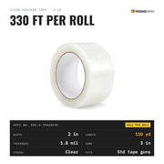 Clear packing tape spec card: 2 in wide, 110 yd (330 ft), 1.8 mil, 3 in core, fits standard tape guns