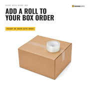 Kraft shipping box sealed with clear tape, with a roll of clear packing tape on top